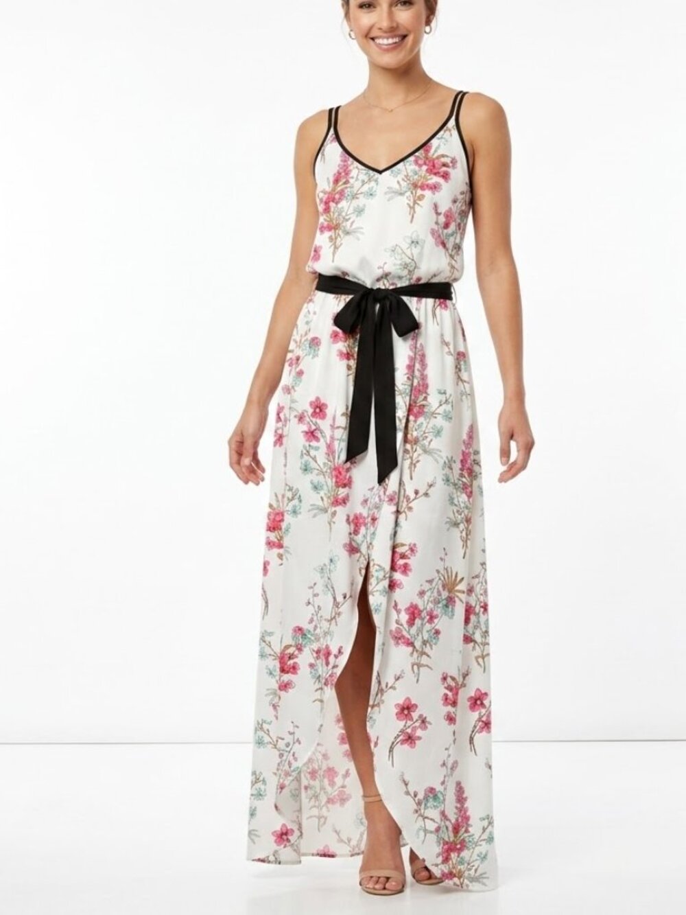 Candie's White Floral Maxi Jumpsuit with Black Trim